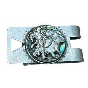 Vintage Sterling Silver Money Clip Matador and Bull Mother of Pearl MAP Mexico